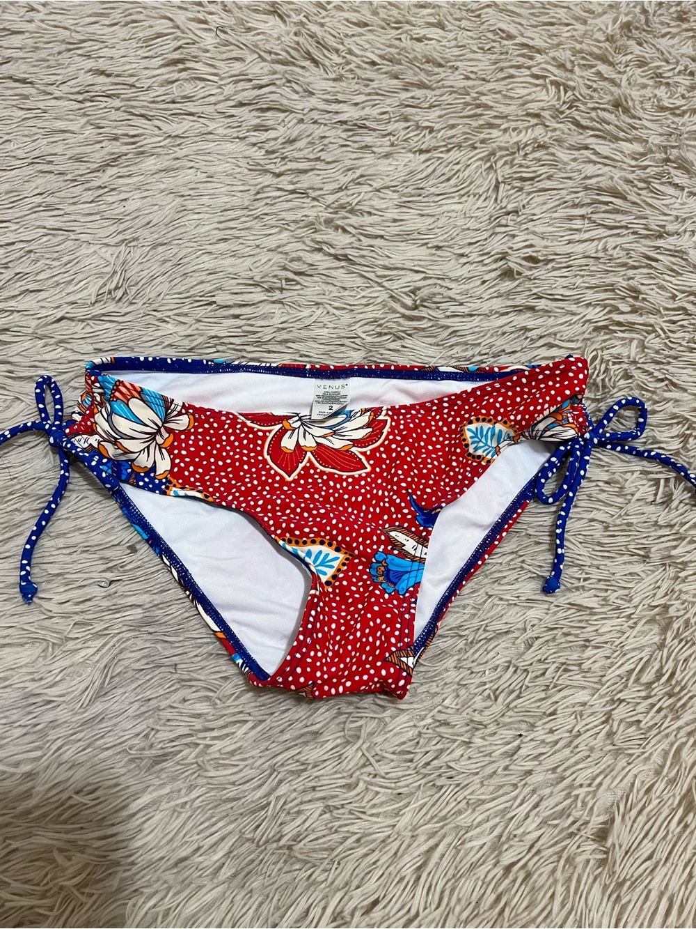 VENUS Red Floral Tie-Side Kids Swim Bottom with Blue Trim